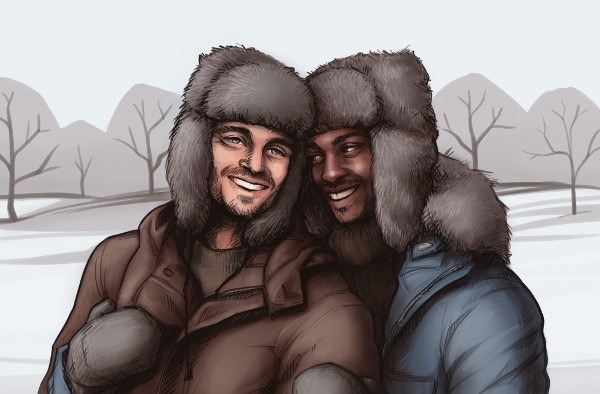 Bucky and Sam in fur caps